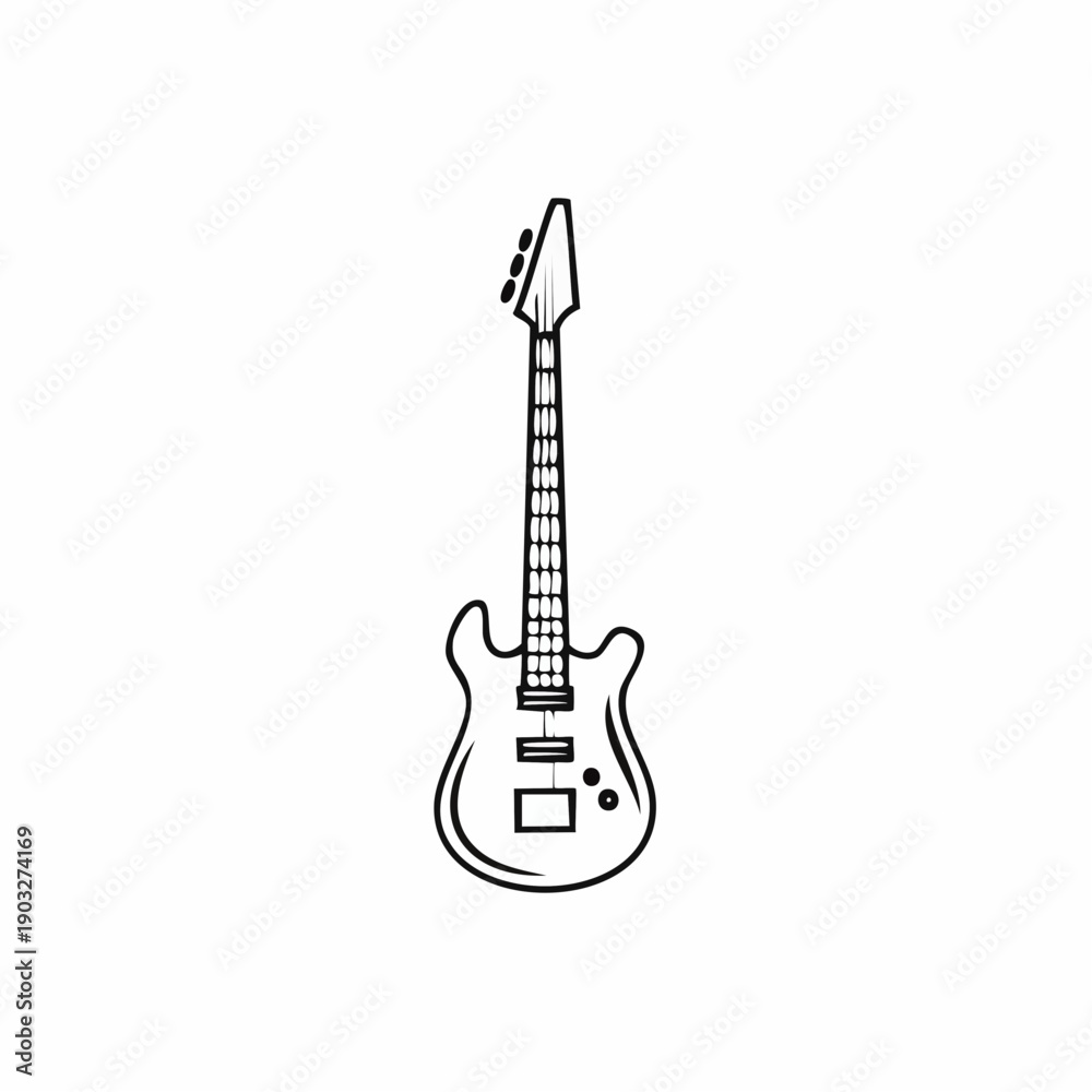 Naklejka premium Sleek Black and White Graphic Representation of a Standard Electric Guitar Model, Emphasizing Musicality and Design
