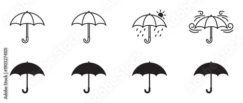 Collection of black umbrella weather icons in outline and solid silhouette styles showing rain, sun, and wind for user interface design and graphic elements