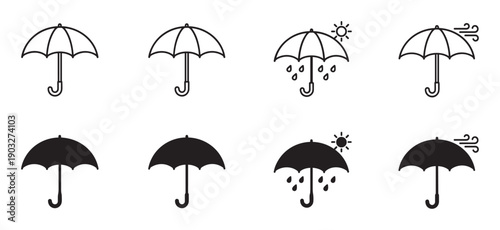 Collection of black umbrella weather icons in outline and solid glyph styles, depicting rain, sun, and wind for forecast symbols or package handling instructions