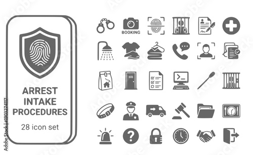 Arrest Intake Procedures Booking-Process Custody-Intake Processing Admission Screening Detention-Entry Vector Icon Set - Intake Workflow