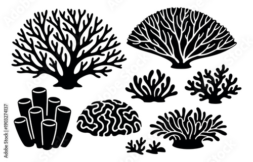 Hand drawn silhouette coral reef set featuring various coral and sea fan shapes for marine themed designs