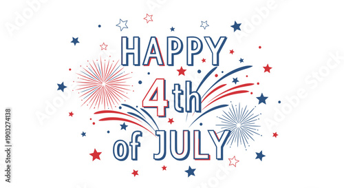 Happy 4th of July vector illustration with fireworks, stars, and patriotic text, for banner or poster