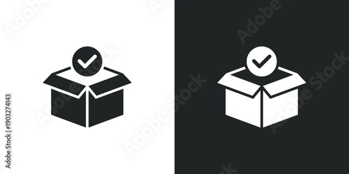 Open cardboard box with checkmark icon representing successful delivery and completed order processing service. Solid vector symbol illustration