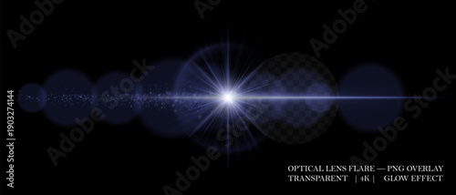 Bright optical lens flare with smooth reflections, glowing dust, and soft transparency. Perfect for digital overlays, highlights, and light effects in visual design.