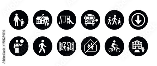 Collection of twelve school safety and education icons featuring children walking, a school bus, a playground, and a crossing guard in a minimal black and white glyph style