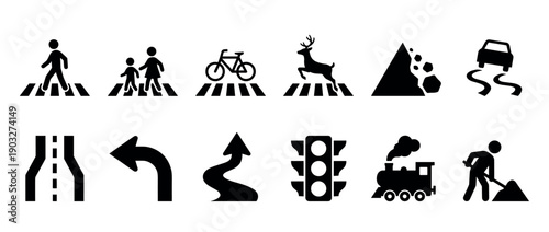 Collection of black traffic sign icons for road safety and warning, including pedestrian crossing, slippery road, and traffic light symbols in a minimalist flat vector style
