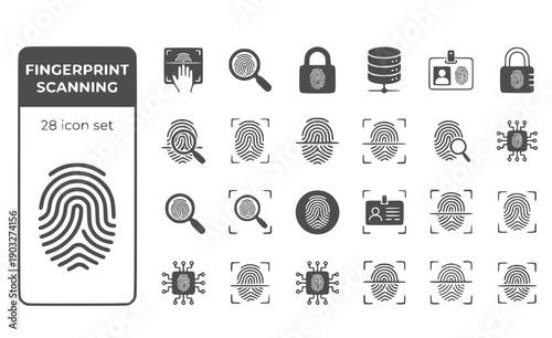 Fingerprint Scanning Biometric-Capture Digital-Fingerprinting Print-Analysis Identification Biometric-Authentication Vector Icon Set - Biometric Systems
