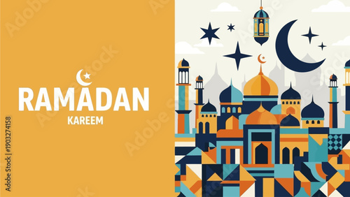 Celebrating Ramadan with vibrant cityscape and crescent moon illustration during nighttime