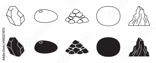 Set of black stone and rock icons in outline and solid silhouette styles showing various geological formations like crystals, pebbles, mountains, and cobblestones