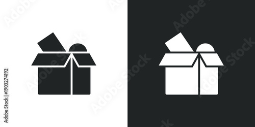 Open cardboard box icon with items inside for shipping delivery logistics and storage services. Solid vector symbol illustration