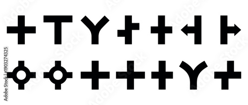Collection of black road intersection icons showing various types of junctions, crossroads, roundabouts, and forks for mapping, navigation, and traffic signage concepts