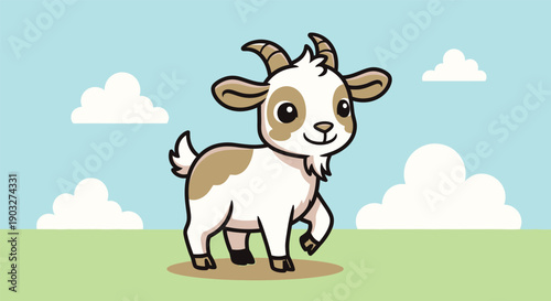 Cute cartoon goat walking in green field with blue sky and clouds