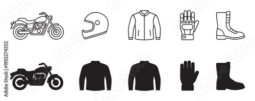 Motorcycle equipment and gear icon set showing a motorbike, helmet, jacket, gloves, and boots in two styles, a minimalist black line art outline and a solid silhouette