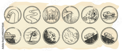 Collection of vintage road hazard icons showing dangerous driving conditions like rockfalls, landslides, steep inclines, and winding mountain roads in a hand-drawn stamp style