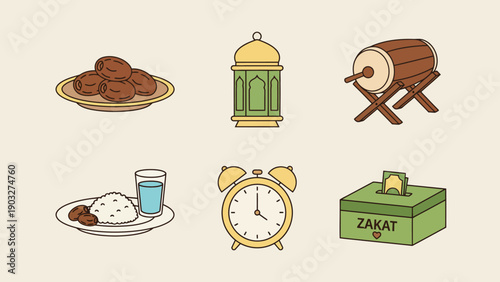 Ramadan icons collection featuring dates, lantern, drum, food, and charity box, viewed from directly above in a flat illustration style