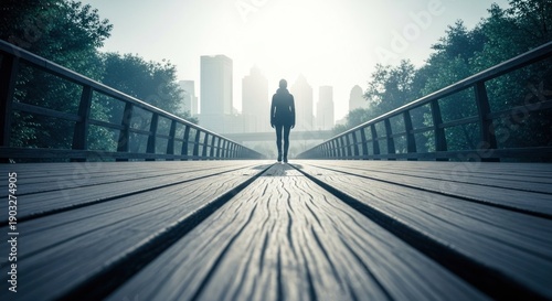 Lone figure walks bridge towards distant city skyline in soft, hazy light