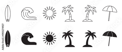 Set of summer beach icons featuring a surfboard, wave, sun, palm tree, and umbrella in two styles, line art outline and solid black silhouette for graphic design