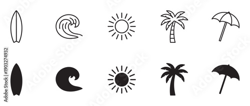 Black summer beach vacation icon collection featuring a surfboard, wave, sun, palm tree, and umbrella in both simple outline and solid silhouette graphic styles
