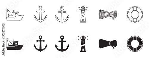Collection of black maritime vector icons including a fishing boat, anchor, lighthouse, net, and lifebuoy, presented in both thin line art and solid glyph styles
