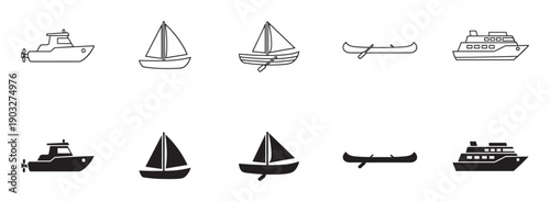 Set of boat and ship icons in two styles, featuring a motorboat, sailboat, canoe, and ferry presented as minimalist line art and solid black silhouettes