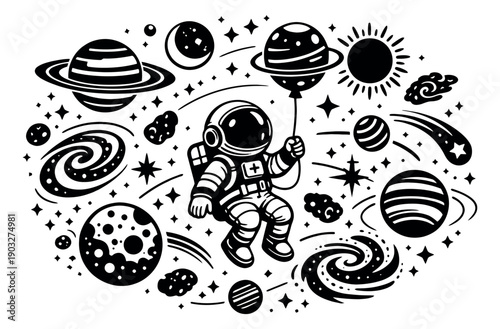 Hand drawn black and white space elements set featuring an astronaut holding a planet balloon, planets, and galaxies for science and exploration designs
