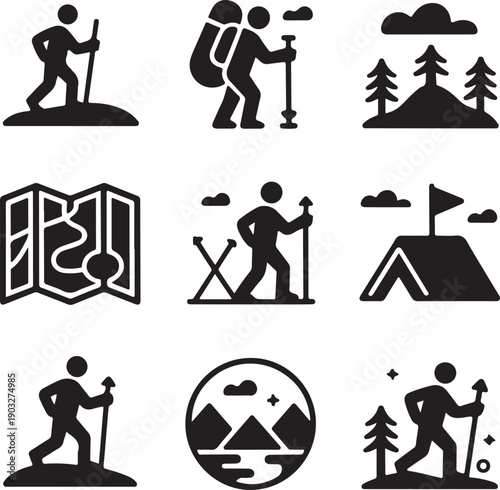 Hiking and Camping Icons: Trekkers, Map, Tent, Mountains, Stock Graphics
