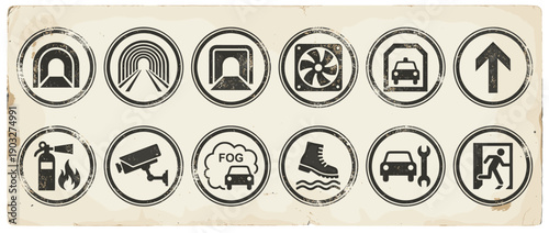 Collection of grunge road tunnel safety icons showing various traffic regulations and emergency procedures, including ventilation, fire extinguisher, and exit signs in a vintage style