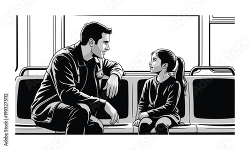 Father and daughter talking inside train car black and white graphics
