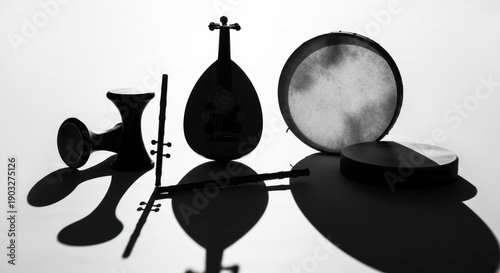 Wallpaper Mural Musical instruments group oud, drum, dumbek, shadows on white surface Torontodigital.ca