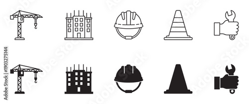Construction and building themed icon set collection showing two styles, line art and solid glyph, with a crane, skyscraper, hard hat, traffic cone, and a hand holding a wrench