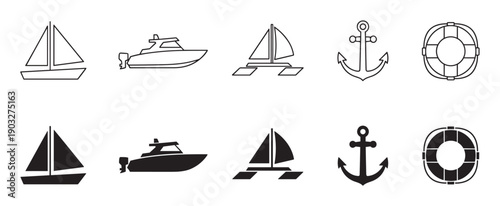 Collection of black nautical icons featuring a sailboat, motorboat, catamaran, anchor, and lifebuoy in both outline and solid silhouette styles for graphic design