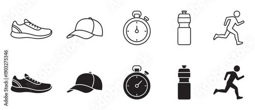 Set of black running icons including a sneaker, cap, stopwatch, water bottle, and runner pictogram in two styles, line art outline and solid filled silhouette