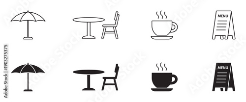 Set of black cafe and restaurant icons showing a patio umbrella, table, chair, steaming coffee cup, and menu board in both line art and solid silhouette styles