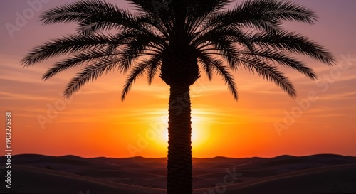 Palm tree silhouetted against a vibrant orange sunset sky over desert dunes