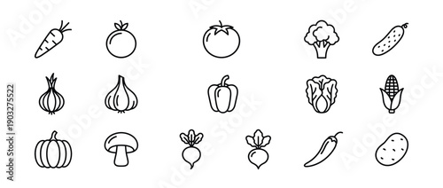 Collection of vegetable line art icons featuring a carrot, tomato, broccoli, onion, pepper, and corn in a minimalist black outline style for healthy eating and cooking concepts