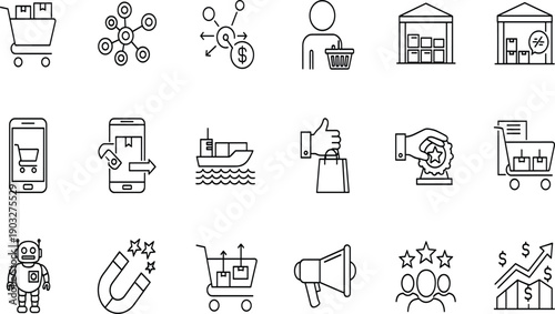 Vector line icon set for e-commerce, logistics, digital marketing, and business, including shopping cart, delivery, warehouse, mobile app, and finance symbols.