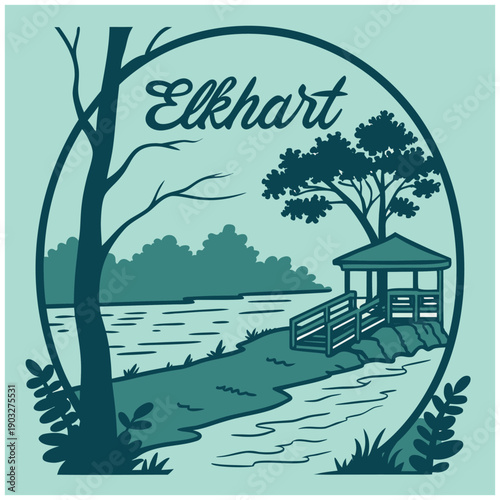 Elkhart Indiana Riverside Gazebo Illustration with Scenic View