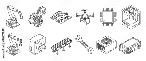 Set of isometric industrial automation icons including a robotic arm, drone, 3D printer, and microchip, drawn in a clean black and white line art illustration style