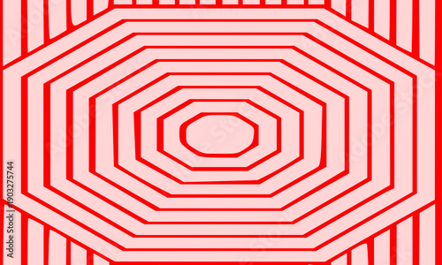 Abstract red concentric hexagonal geometric pattern with bold linear symmetry and optical depth in a modern minimalist vector style, ideal for eye-catching backgrounds, posters, branding
