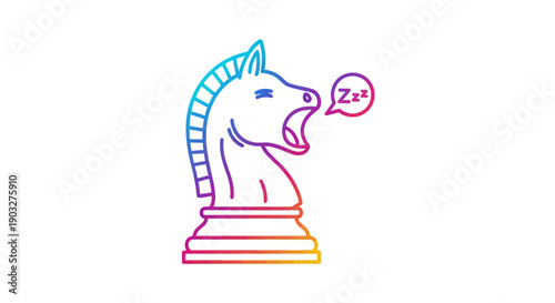 Colorful gradient chess knight yawning with Zzz sleep bubble on white background minimalist line