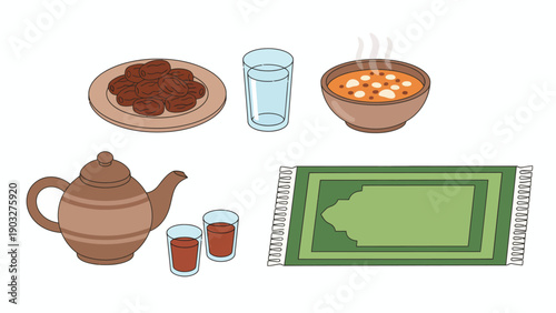 Traditional tea setting with teapot, cups, rug, and food on a flat surface from a top-down viewpoint
