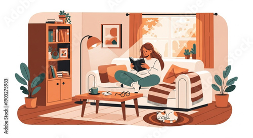 Woman reading a book on a couch in a cozy living room.
