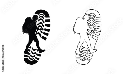 Hiker silhouette walking inside boot print trail trekking concept art