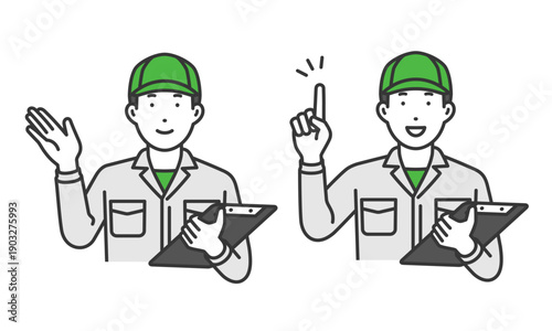 案内,強調,作業着男性帽子付