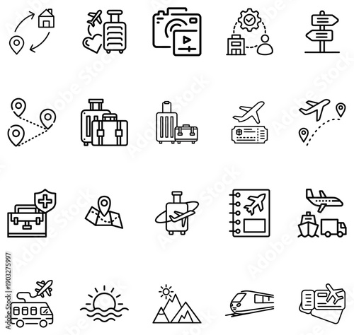 Collection of travel and transportation including airplanes luggage maps and tickets