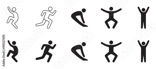 Set of black human figure icons in various active poses like running, jumping, and dancing, presented in both outline and solid silhouette styles for graphic design
