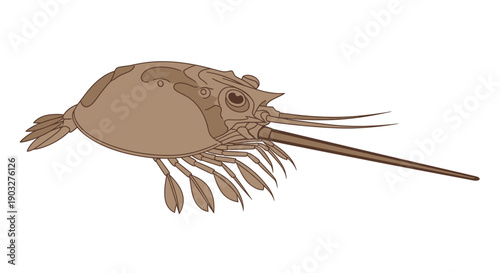 Illustration of a detailed brown aquatic crustacean with long antennae and multiple legs.