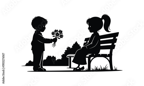 Little boy giving bouquet of flowers to girl sitting on park bench