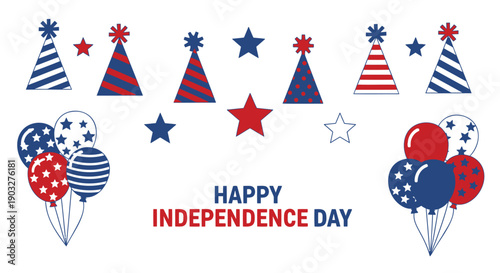 Red, white, and blue patriotic banner with balloons, stars, and party hats, for Independence Day or 4th of July celebration, overlay effect, for website or social media