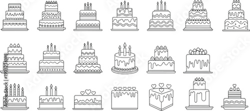 Line art birthday and celebration cake illustration collection featuring tiered cakes with candles and decorations isolated on white background